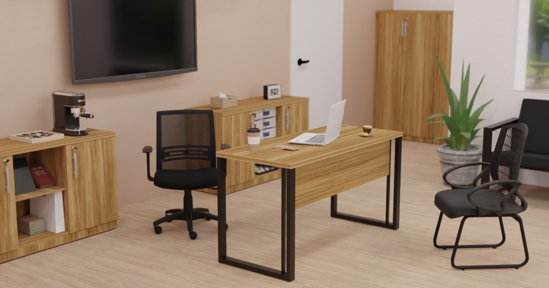 Ambiente corporativo com mesa, armários e cadeiras